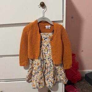 Floral Kids Dress with Orange Cardigan